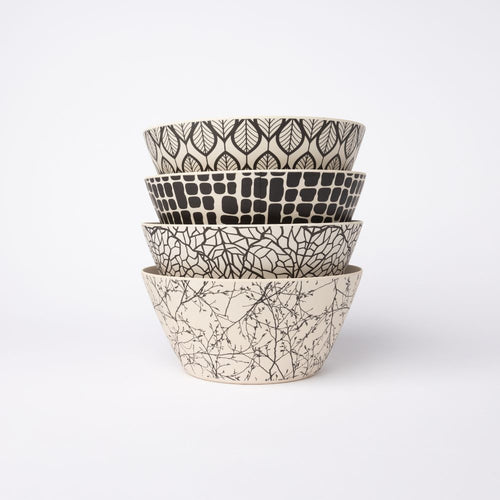 Bamboo Salad Bowls - four bowls in the black and white range stacked