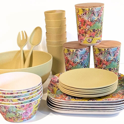 Bamboo Tableware - A value packed bundle of plates cups, bowls, salad bowl and canisters.  All piled up.  The colour combination is the Flutter pattern (think butterflies) and Dijon - a soft yellow.  It's a fun but tasteful colour combination