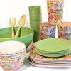 Bamboo Tableware - A value packed bundle of plates cups, bowls, salad bowl and canisters.  All piled up.  The colour combination is the Flutter pattern (think butterflies) and parakeet green.  It's a fun and vibrant colour combination