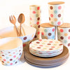 Bamboo Tableware - A value packed bundle of plates cups, bowls, salad bowl and canisters.  All piled up.  The colour combination is the Polka Dot pattern (think Retro Style) and Cocoa - a soft chocolate brown tone.  It's a fun but tasteful colour combination