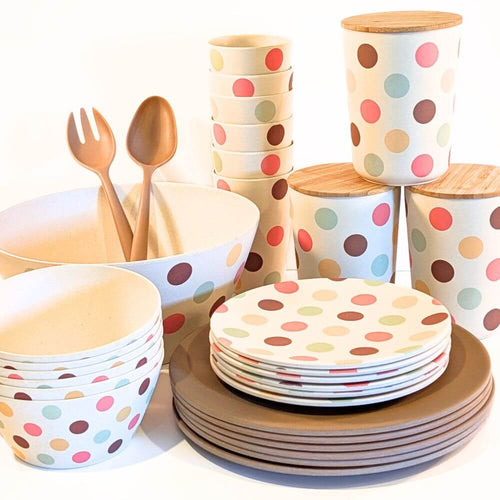 Bamboo Tableware - A value packed bundle of plates cups, bowls, salad bowl and canisters.  All piled up.  The colour combination is the Polka Dot pattern (think Retro Style) and Cocoa - a soft chocolate brown tone.  It's a fun but tasteful colour combination