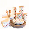 Bamboo Tableware - A value packed bundle of plates cups, bowls, salad bowl and canisters.  All piled up.  The colour combination is the Polka Dot pattern (think Retro Style) and Cocoa - a soft chocolate brown tone.  It's a fun but tasteful colour combination
