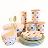 Bamboo Tableware - A value packed bundle of plates cups, bowls, salad bowl and canisters.  All piled up.  The colour combination is the Polka Dot pattern (think Retro Style) and Mint - a lovely soft green.  It's a fun but tasteful colour combination