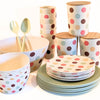 Bamboo Tableware - A value packed bundle of plates cups, bowls, salad bowl and canisters.  All piled up.  The colour combination is the Polka Dot pattern (think Retro Style) and Mint - a lovely soft green.  It's a fun but tasteful colour combination