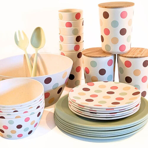 Bamboo Tableware - A value packed bundle of plates cups, bowls, salad bowl and canisters.  All piled up.  The colour combination is the Polka Dot pattern (think Retro Style) and Mint - a lovely soft green.  It's a fun but tasteful colour combination