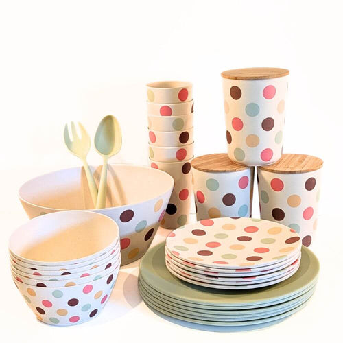 Bamboo Tableware - A value packed bundle of plates cups, bowls, salad bowl and canisters.  All piled up.  The colour combination is the Polka Dot pattern (think Retro Style) and Mint - a lovely soft green.  It's a fun but tasteful colour combination