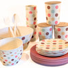 Bamboo Tableware - A value packed bundle of plates cups, bowls, salad bowl and canisters.  All piled up.  The colour combination is the Polka Dot pattern (think Retro Style) and Raspberry.  It's a fun and happy colour combination