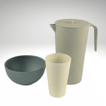 Bamboo Jug with lid displayed with charcoal bamboo Bowl and cream coloured bamboo cup