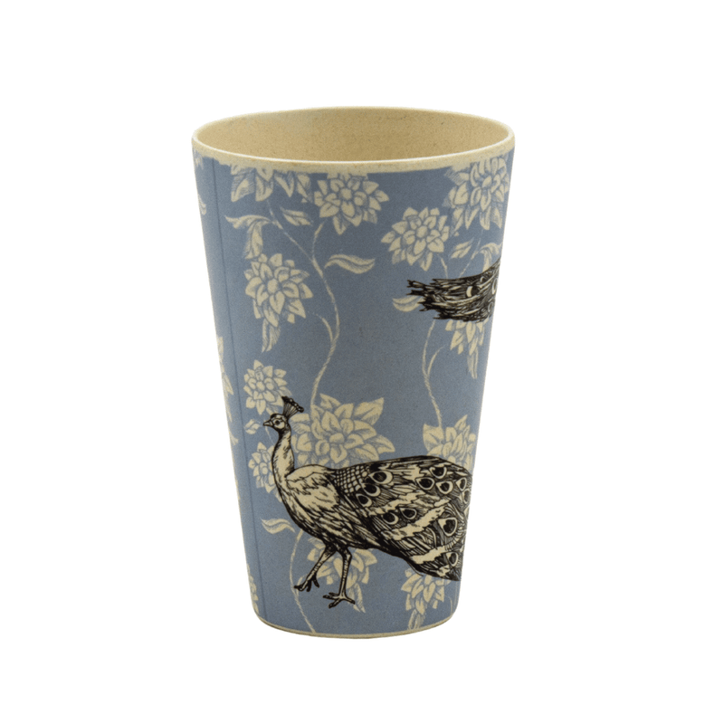 Bamboo Cup - Omkara - Peacocks printed in charcoal grey, on a blue background with cream coloured flowers