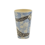 Bamboo Cup - Omkara - Peacocks printed in charcoal grey, on a blue background with cream coloured flowers