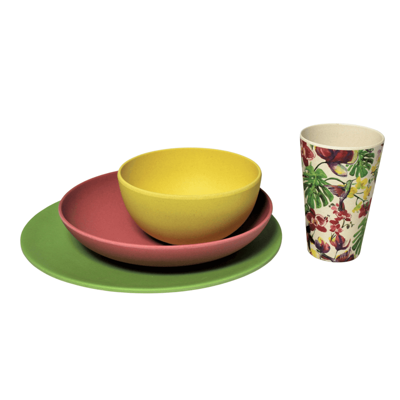 Bamboo Cup - Tropicana styled with bamboo dinnerware in Yellow, pink and green