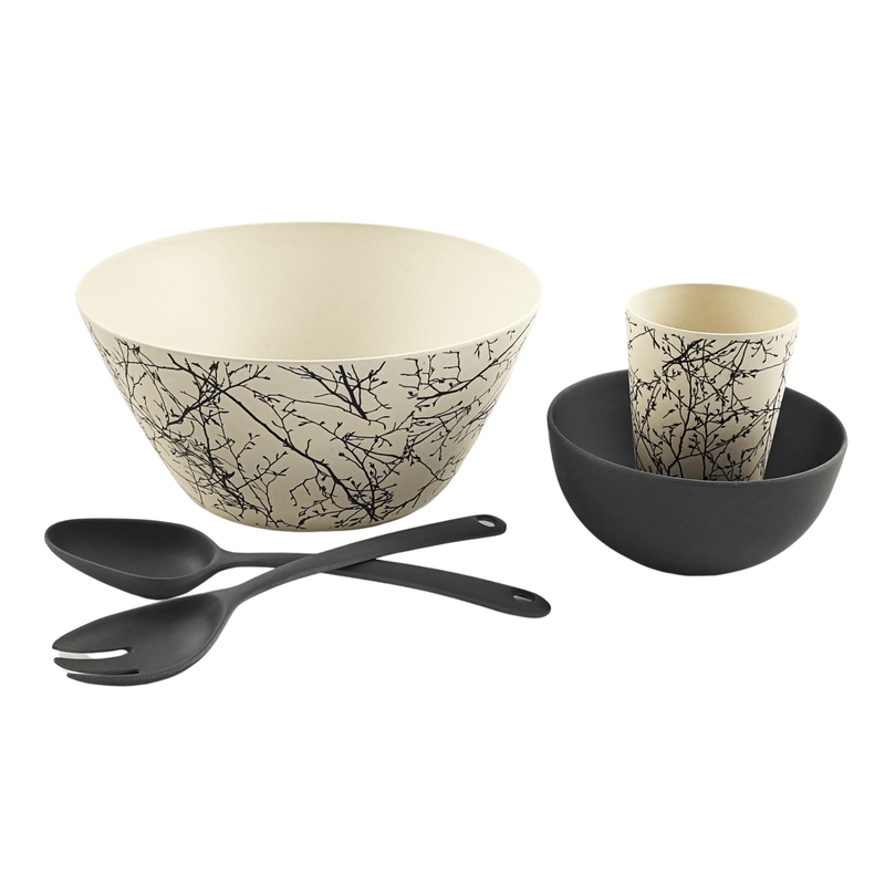 Bamboo Cup and Bamboo Salad Bowl in a  grey on cream twig design, styled with charcoal coloured  accessories