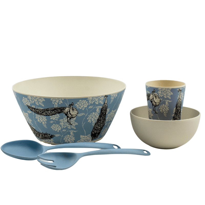 Bamboo Cup and Bamboo Salad bowl - Omkara - Peacocks printed in charcoal grey, on a blue background with cream coloured flowers, set with blue coloured bamboo salad servers and a cream coloured bamboo bowl