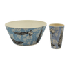 Bamboo Cup and bamboo salad bowl - Omkara - Peacocks printed in charcoal grey, on a blue background with cream coloured flowers