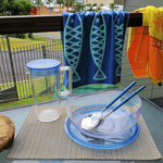 Salad Bowl with lid and jug with lid, blue salad servers