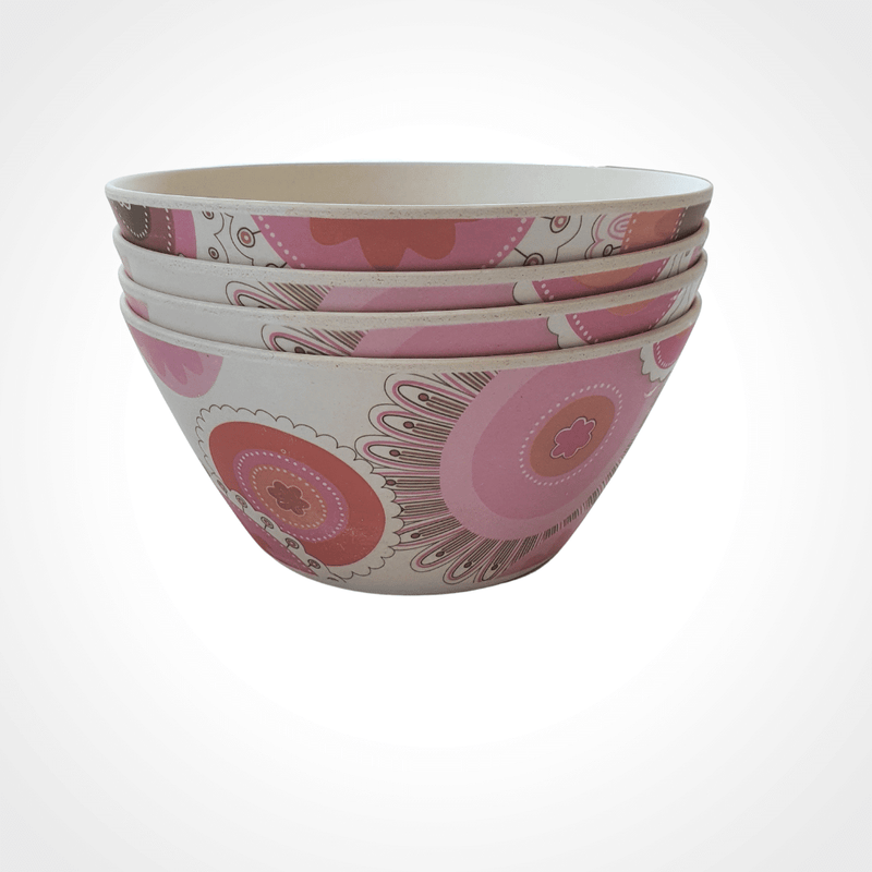 Bamboo bowls - Garland design of pink, orange and grey circular patterns