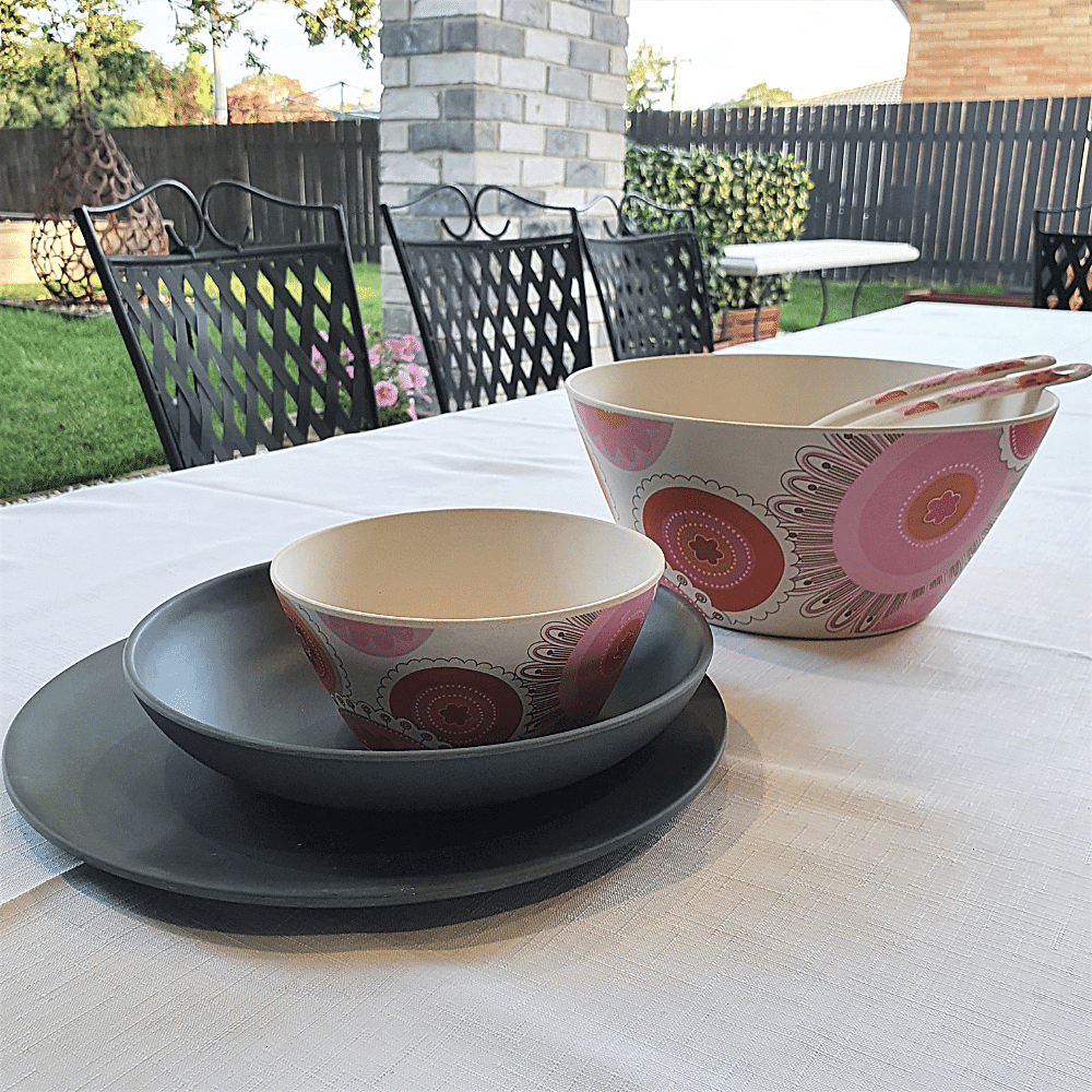 Bamboo dinnerware - Garland design of pink, orange and grey circular patterns
