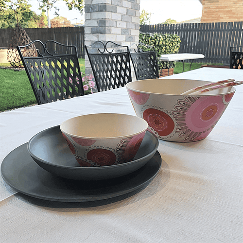 Bamboo dinnerware - Garland design of pink, orange and grey circular patterns with charcoal coloured bamboo bowls