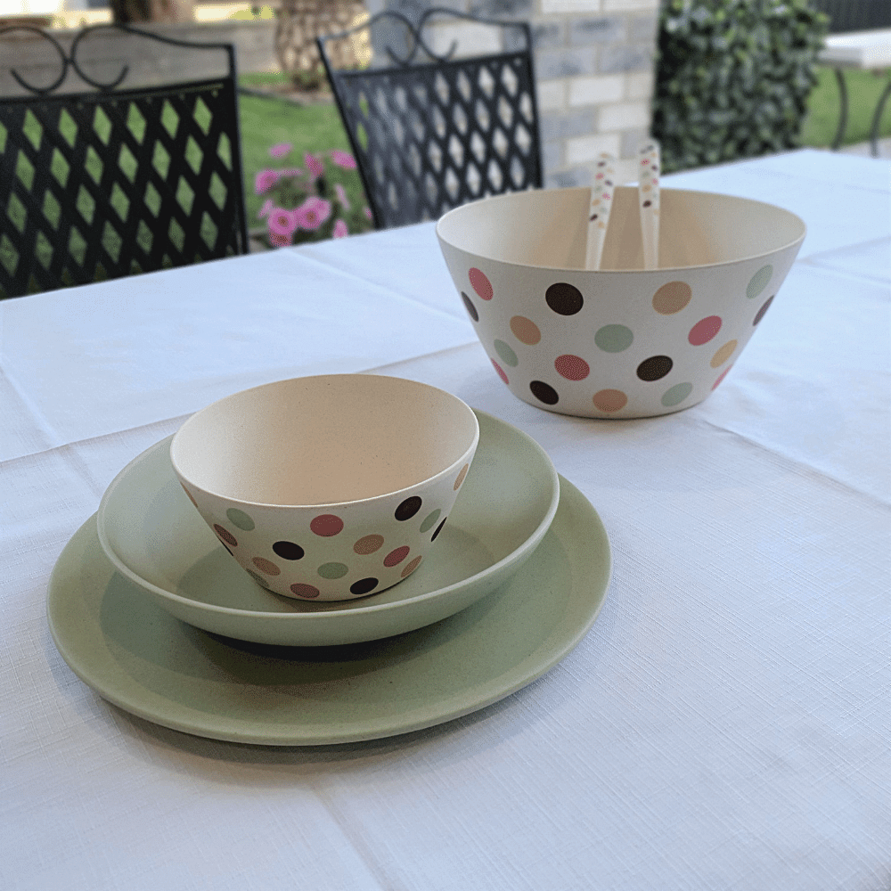Bamboo salad serving set - Spotty design