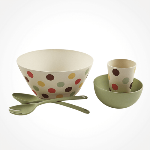 Bamboo salad bowl - Spotty design, with Bamboo salad servers and bamboo dinnerware in mint green