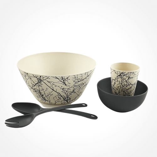 Bamboo Salad Bowl - Twig design with bamboo salad servers in charcoal and bamboo bowl in charcoal and bamboo cup in twig design